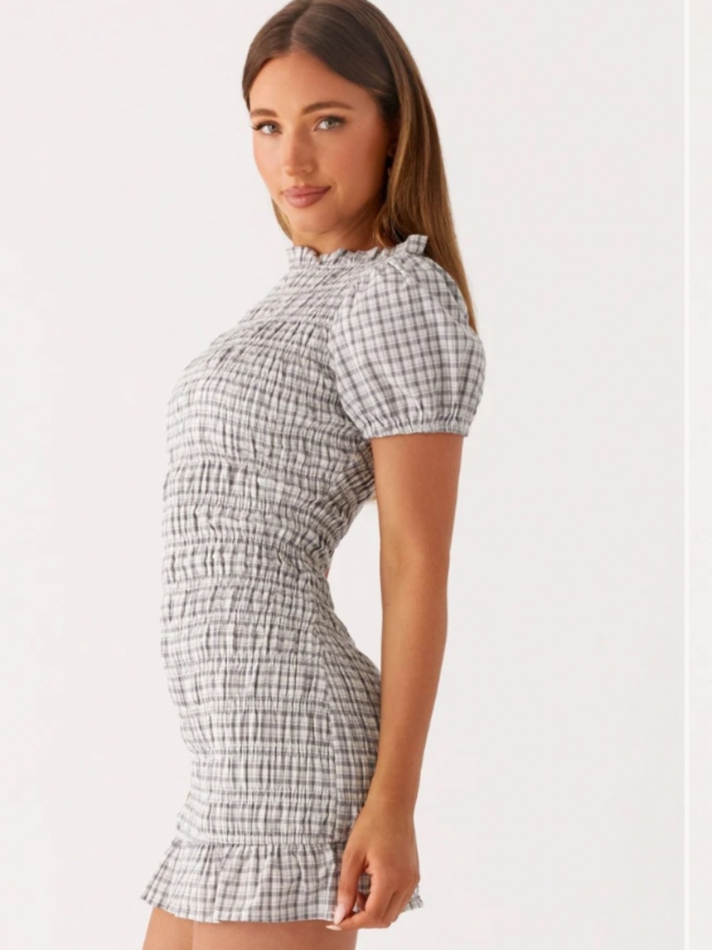 peppermayo gray smocked ruched boatneck dress mini size 2 xs gingham plaid